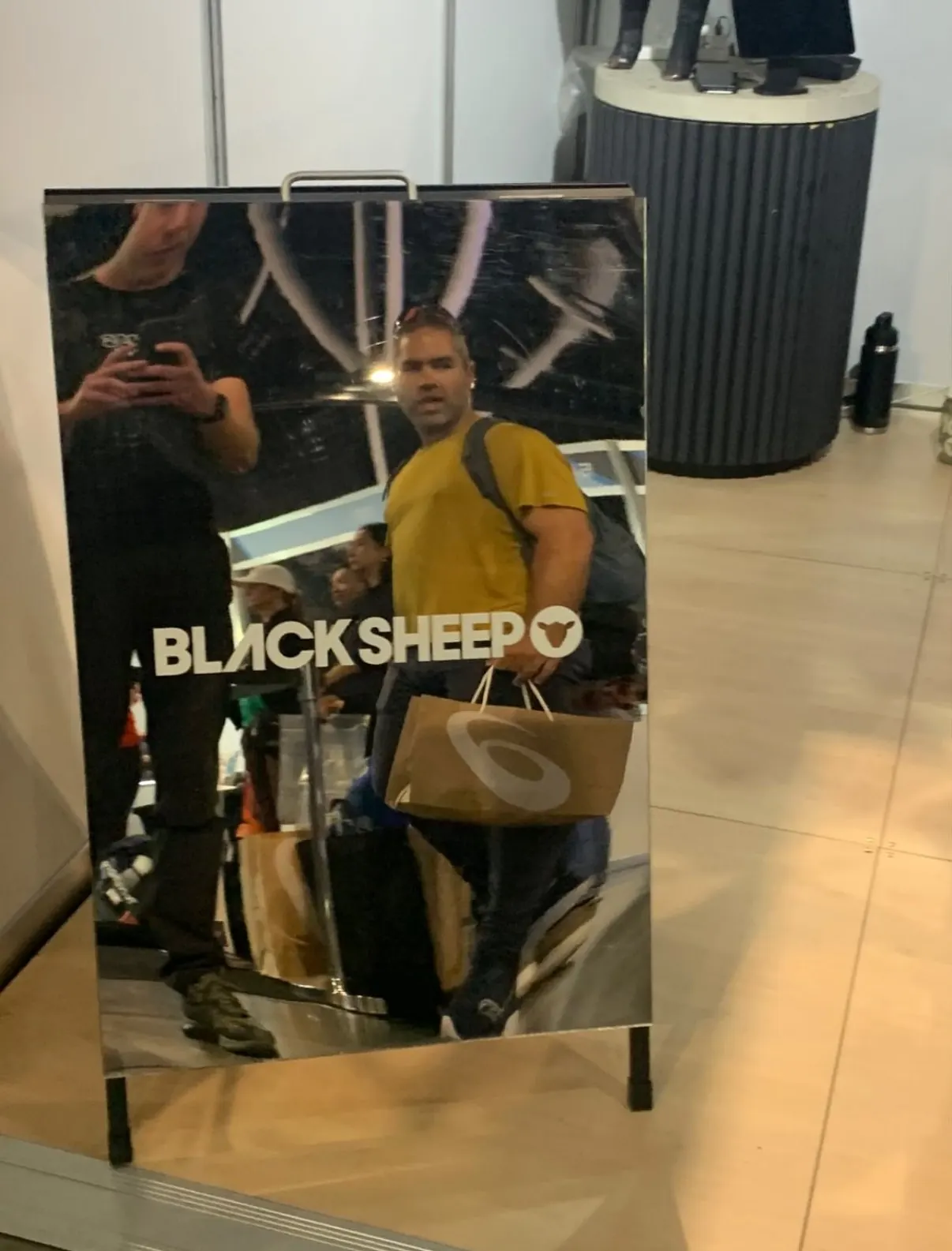Black Sheep mirror finish A-frame sign at the Sydney Marathon expo, made by Sykes Signs